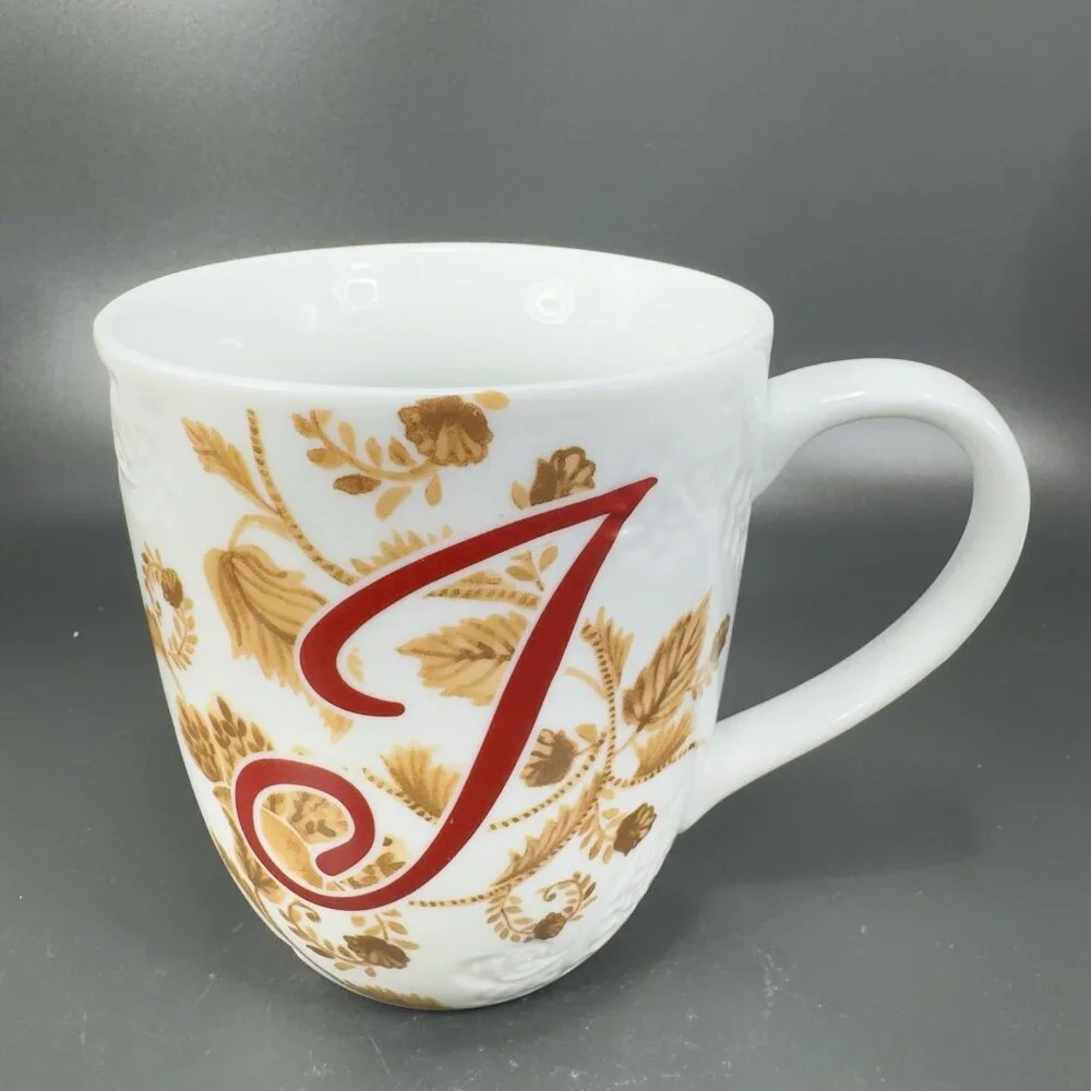 Pier 1 Porcelain Coffee Mug Cup Initial Letter‎ J Monogram Brown Leafs Pattern